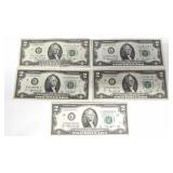 5 Two Dollar Bills. $2 paper money