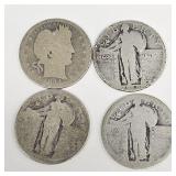 1894 Barber Silver Quarter and 3 Standing Liberty