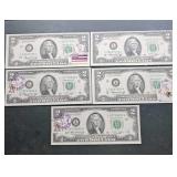 5 1976 $2 Bicentennial stamped U.S. paper money