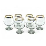 6 vintage gold-rimmed brandy snifters, 5" h.