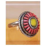 Tibetan handmade ring with coral and amber stones.