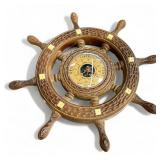 Vintage wooden ships wheel barometer thermometer,