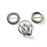 3 sterling silver pin brooches, 13.77 grams