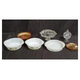 Group of milk glass dishes, glass pedestal dish,