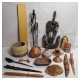 Group of carved wood items, decor, bowls, letter
