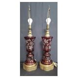 Czech cranberry glass table lamps on brass bases
