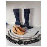 Rebel denim heels, Cromwell leather heels, belts