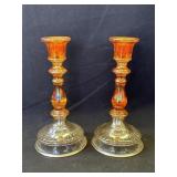 Pair of VTG marigold carnival glass candlesticks