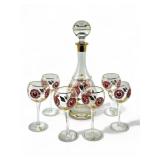 Vintage 7pc Romanian floral decanter & wine