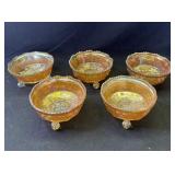 5 vintage marigold carnival glass footed bowls
