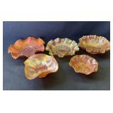 5 vintage marigold carnival ruffled glass bowls