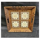 Vintage carved wooden serving tray with tile
