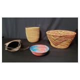 Group of coil baskets & hand woven wicker pouch