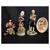 Box of figurines and decorative plate