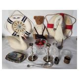 Misc vintage items, wood ducks, silver plate,