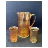 Vintage Marigold carnival glass pitcher & cups