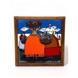 Vintage Ecuadorian folk art tile by Edwardo Vega