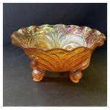 Vintage marigold carnival glass footed bowl