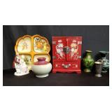 Box of vases, jewelry drawer, and table