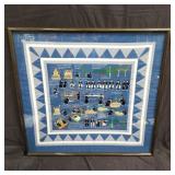 Hmong story cloth embroidery in frame