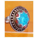 Tibetan handmade  ring with turquoise and coral.