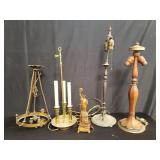 Box of vintage table lamps and hanging light