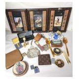Misc vintage items, pens, coins, mesh purses,