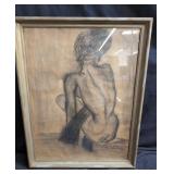 Framed nude pencil drawing artwork
