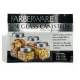 Sealed Farberware set of 4 glass canisters with