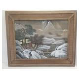 Vintage Asian painting on fabric with wicker frame