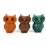 3 Mid century signed ceramic owl vases figurines