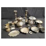 Group of silver plated items, coffee pot, candle