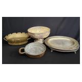 Box of silver plated platters and brass planter
