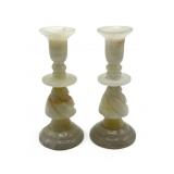Vintage pair of onyx stone candlesticks, 8" h.