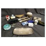 Box of miscellaneous: binoculars, pin box,