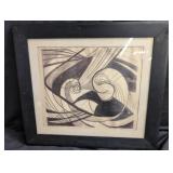 Framed vintage abstract pencil drawing
