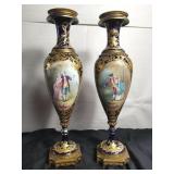 Pair of porcelain & brass vases