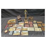 Group of vintage items and one antique lamp that