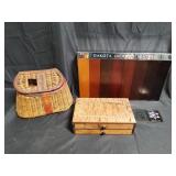 Box of miscellaneous, wicker basket, retired