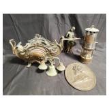 Group of bronze items, bells, piano figure,
