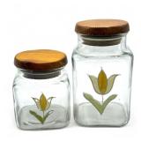 Pair of vintage Anchor Hocking teak lidded glass