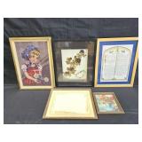 Group of vintage artwork, frame, certificate of