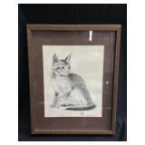 Vintage 1978 signed cat drawing wall art Frame