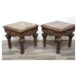 Pair of faux marble carved wood side table