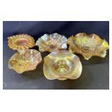 5 vintage marigold carnival glass ruffled bowls