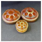 3 vintage marigold carnival glass flower frogs