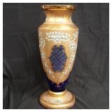Cobalt blue gilt bohemian glass vase with enamel