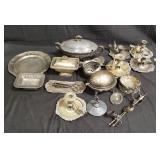 Group of silver plated items, tureen, candle