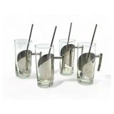 4 vintage glasses in metal holders & straws5