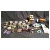 Box of miscellaneous, miniature furniture, pins,